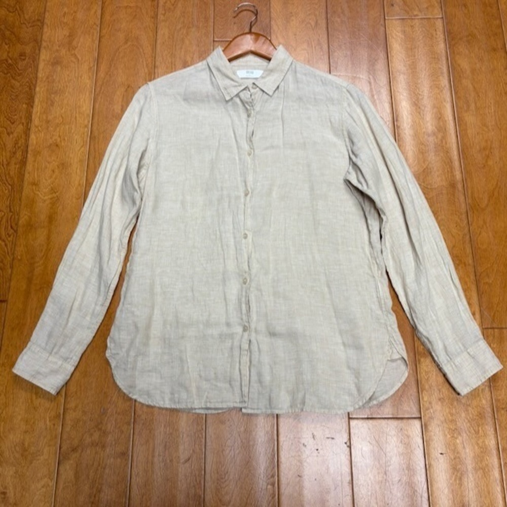 Uniqlo Womens Linen Button Down Long Sleeve Shirt Size L Beige Neutral Preppy